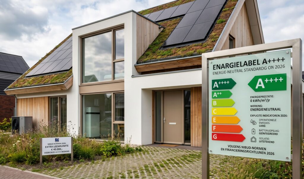Moderne duurzame woning met energielabel A++++ volgens Nibud-normen 2026